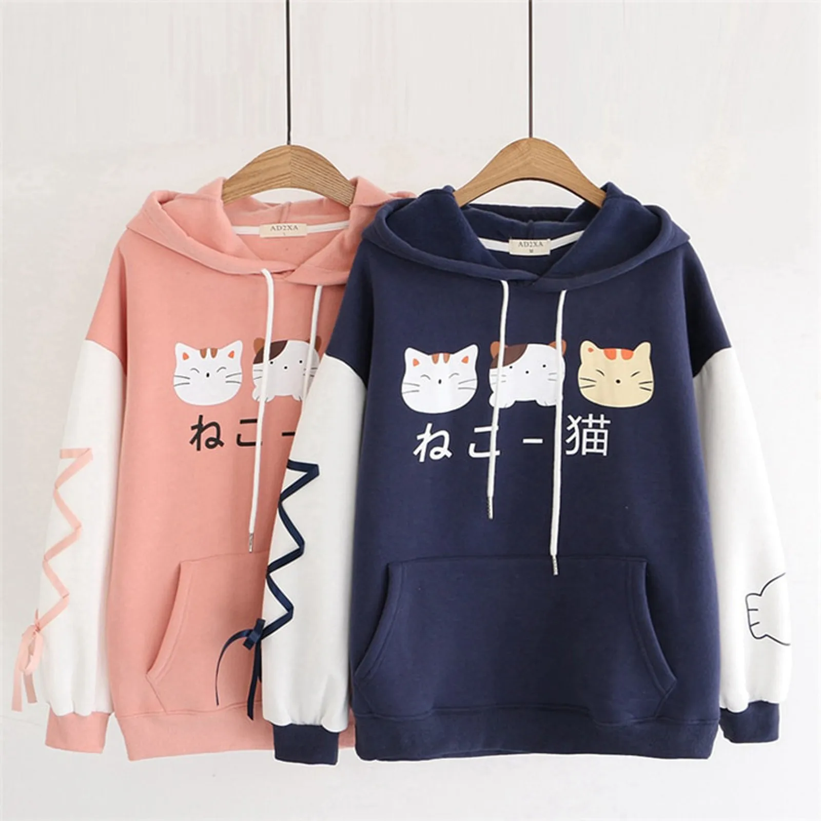 

Women Hooded Cat Cute Cotton Sleeve Tops Blouse Sweatshirt олсовка Bandage Adjustable hat drawstring Student sweater Korean F4